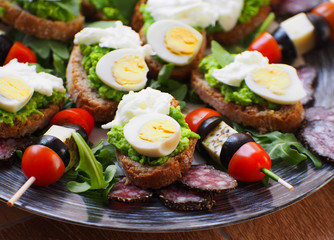 Brushetta or authentic traditional spanish tapas set for lunch table