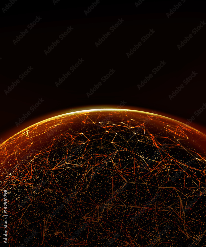 Poster Printed circuit board futuristic server/Circuit board futuristic server code processing. Orange,  green, blue technology background