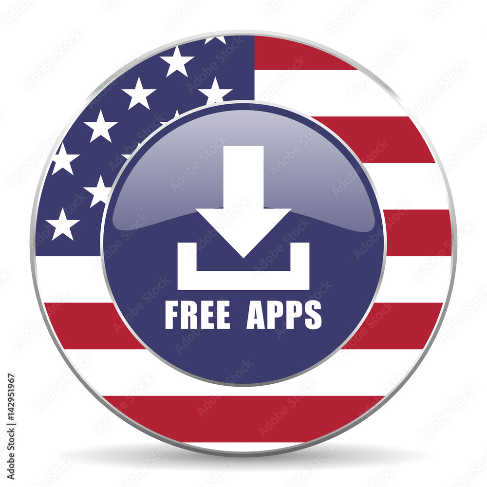 Poster free apps usa design web american round internet icon with shadow on white background.