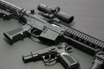 Assault rifle with handgun and ammunition. Military weapon