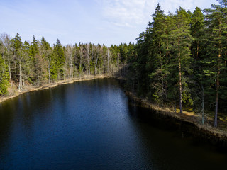 drone image. aerial view of rural area with forest lake