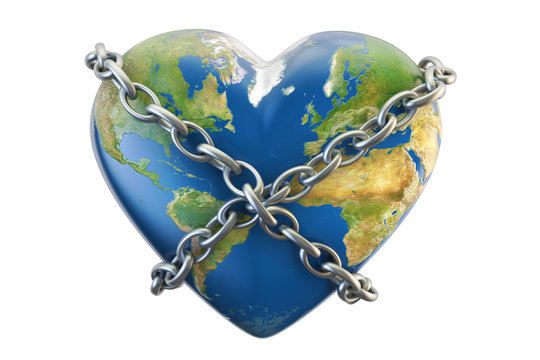 Heart world globe in chain, security concept. 3D rendering