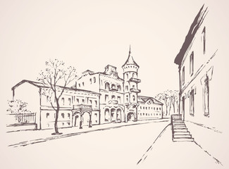 Street of old town. Vector drawing