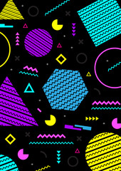 Geometric background in memphis 80-90s style with black background. Vector illustration. A4 format.
