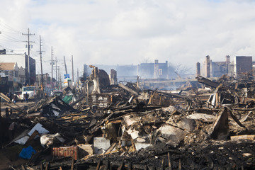 Homes sit smoldering after Hurricane Sandy  in the Far Rockaway area . Over 50 homes were reportedly destroyed in a fire during the storm on October 30; 2012 in New York City; NY