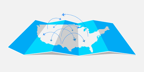 Folded map United States of America with airplanes. Vector illustration.