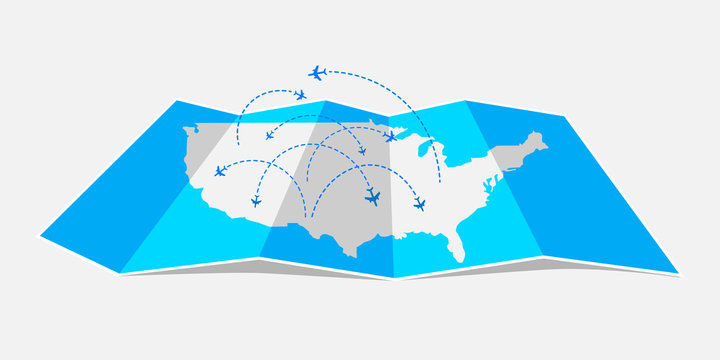 Folded Map United States Of America With Airplanes. Vector Illustration.