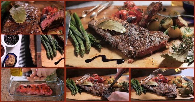 Collage of different views of a delicious sirloin steak with asparagus, potatoes and roasted tomatoes