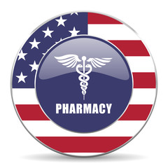 Pharmacy usa design web american round internet icon with shadow on white background.