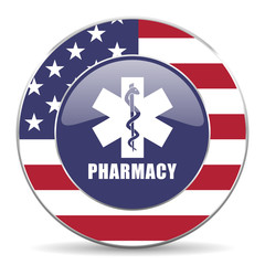 Pharmacy usa design web american round internet icon with shadow on white background.