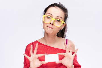 badge, yellow glasses, red jacket, beautiful woman