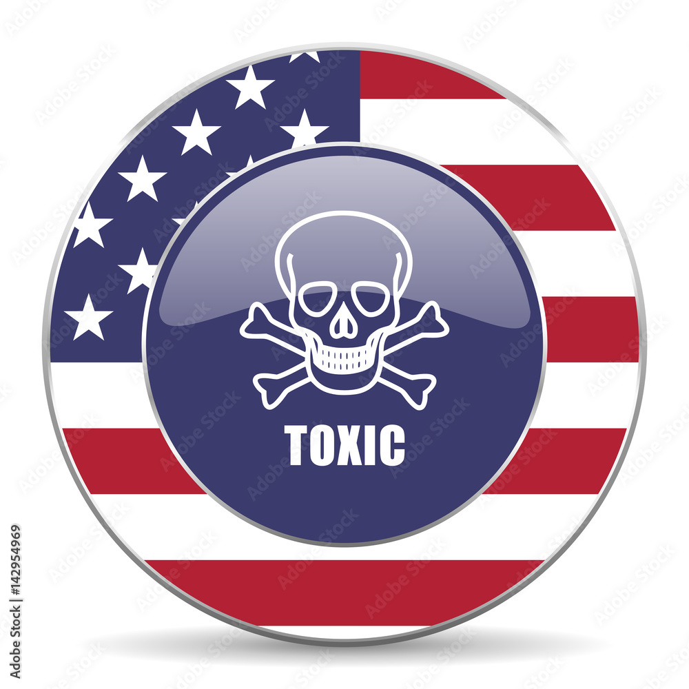 Poster toxic skull usa design web american round internet icon with shadow on white background.