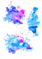 Set of colorful abstract watercolor texture stains with splashes and spatters. Modern creative watercolor background for trendy design.