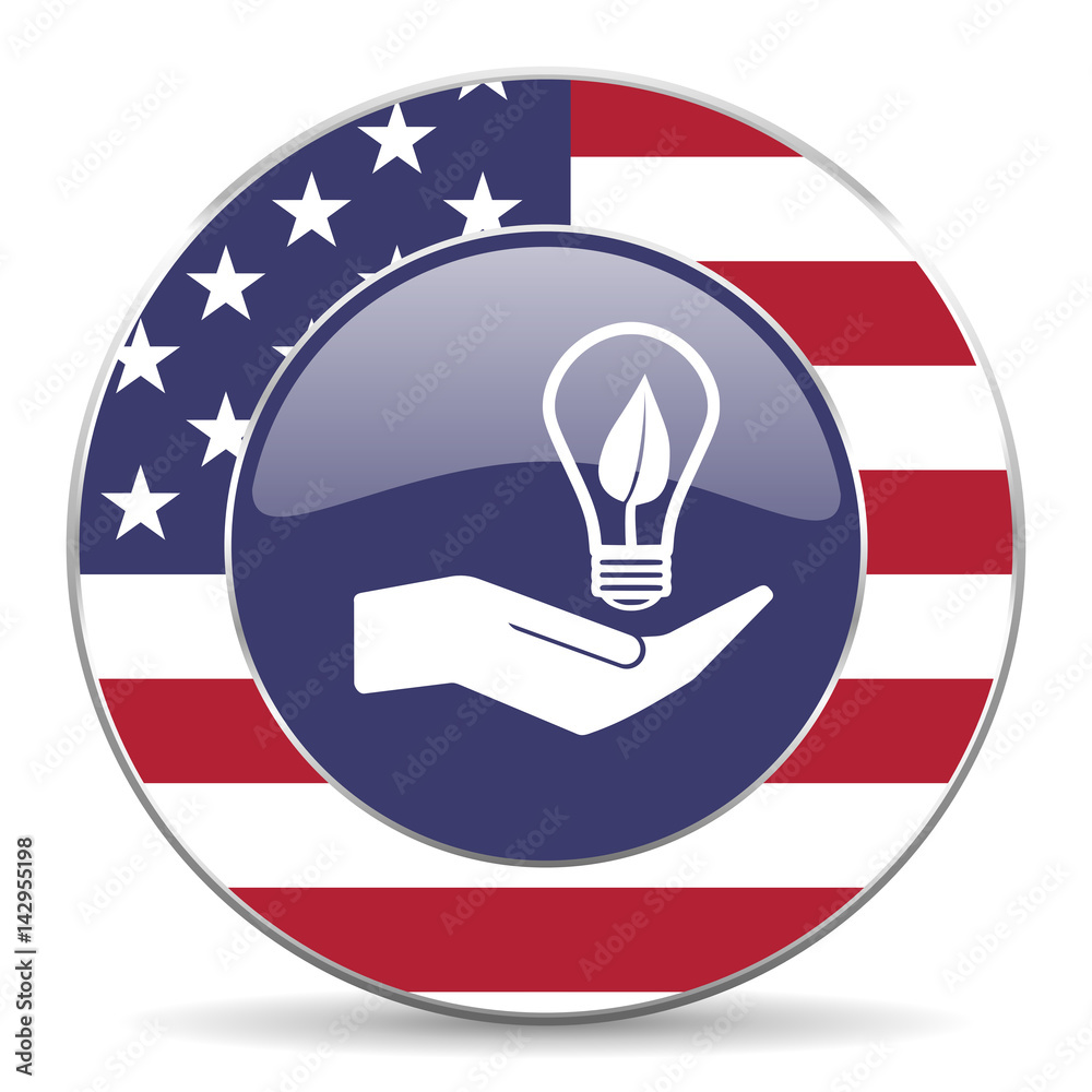 Aufkleber ecology bulb on hand usa design web american round internet icon with shadow on white background.