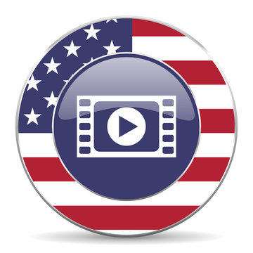 Play video usa design web american round internet icon with shadow on white background.