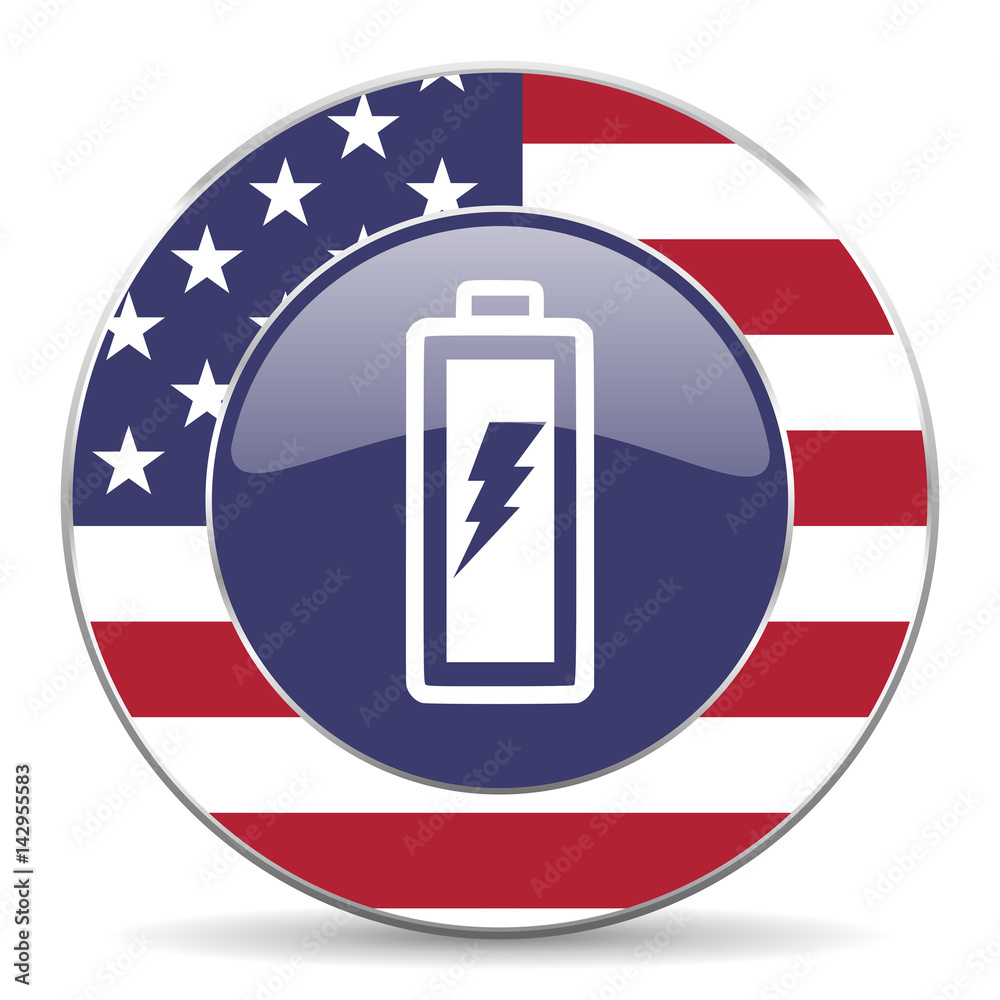Poster battery usa design web american round internet icon with shadow on white background.