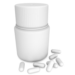 Blank plastic bottle of pills. 3D render illustration isolated on white background. Medical drug pharmacy care and tablet pills antibiotic pharmaceutical