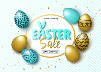 Easter sale banner background template with beautiful golden and blue eggs. Vector illustration.