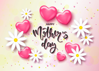 Fototapeta na wymiar Happy Mothers day card template with cute pink heart and hamomile. It may be used for background, poster, advertising, sale, postcard, e-card. Vector illustration.