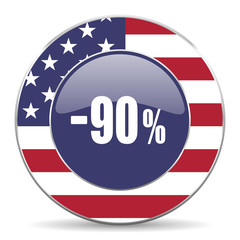 90 percent sale retail usa design web american round internet icon with shadow on white background.