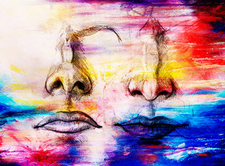 artistic sketch of face parts, nose and mouth, on colorful structured abstract background.