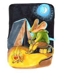 Color illustration. Humanized animal. The mouse in a jacket and pants sits with a mug in the paws.Overnight in a hike in front of a fire and with a tent