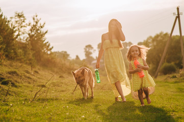 Fototapeta premium mother walk with his little daughter, and their dog