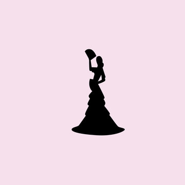 Woman with fan in long dress stay in dancing flamenco icon. flat design