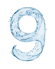 Number 9 made with a splashes of water isolated on white background