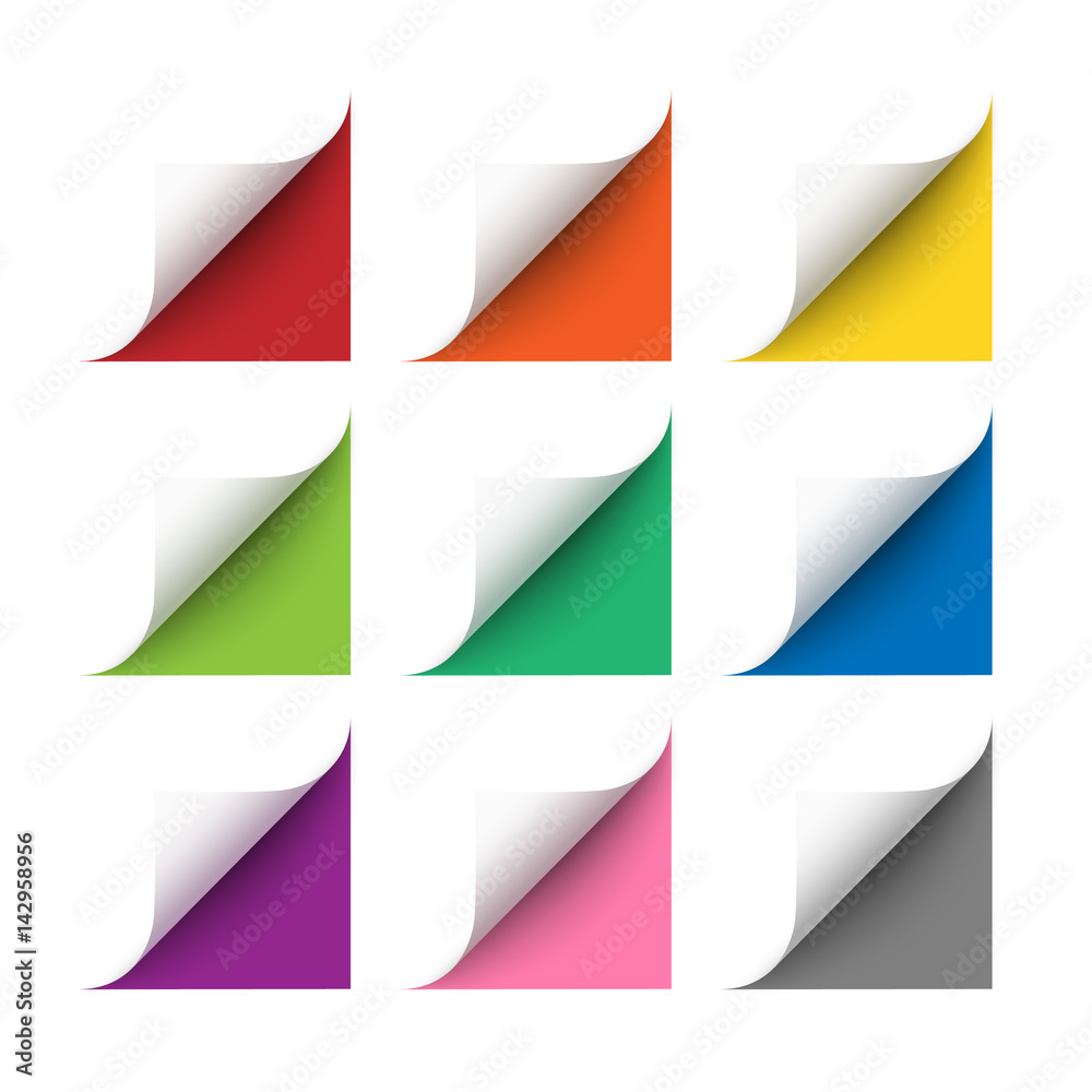 Poster vector realistic white paper corners set with soft shadow on white background. 3d page corners curle