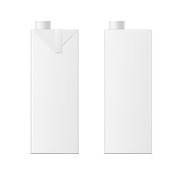Vector 3d mock up of milk or juice box on white background. Realistic carton one liter package with cap isolated. Template for your design. Front view.