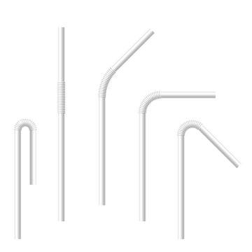 Vector realistic drinking straws set. Collection of white drinking straws with various bends. Template for design.
