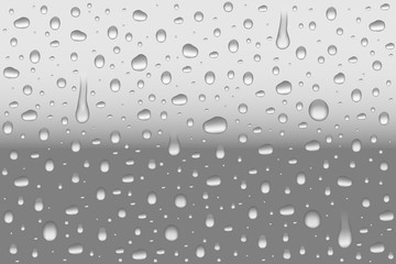 Vector realistic water drops on window glass. Rain drops without shadows on transparent surface. Many forms and sizes.