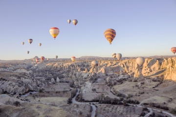 Balloon flight over the mountains of Cappadocia. Turkey.
