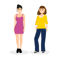 Obraz premium Women young girlfriends communicate, vector illustration on a wh