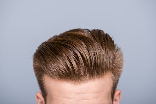 Cropped photo portrait of man's head with health hair and stylish haircut