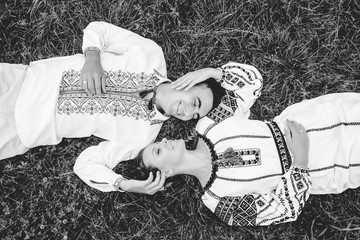 Ukrainian Couple in Traditional Clothes BW