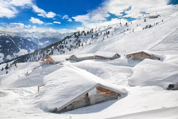 Rolgordijnen Trees covered by fresh snow in Tyrolian Alps skiing resort with wooden cottages, Zillertal, Austria © Eva Bocek