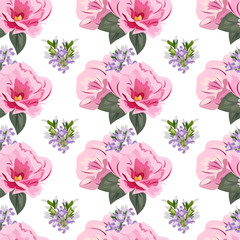 Vintage seamless pattern with cute pink flowers. Hand-drawn floral background for textile, cover, wallpaper, gift packaging, printing.Romantic design for calico.