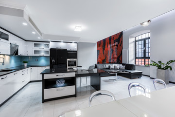 White apartment with open kitchen