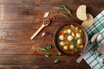 Soup with meatballs space for text