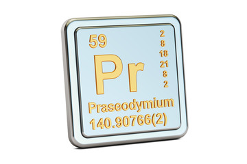 Praseodymium Pr, chemical element sign. 3D rendering