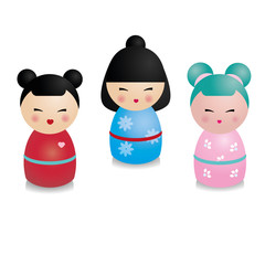 Cute kawaii kokeshi set. Traditional japanese dolls in realistic style. Stickers, design elements