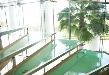 modern glass staircase in a conference center.