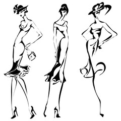 Black and white retro set, fashion models silhouette sketch style. Hand drawn vector illustration - 142967511