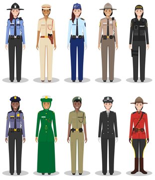 The concept of international police. Set of different detailed illustrations of sheriff, gendarme and policewoman in a flat style on a white background. Vector illustration.