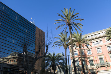 Modern glass facade in contrast to a historic Spanish building with palm trees in Barcelona. Historic building reflects in the glass front.