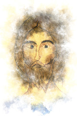 Jesus Christ byzantine style watercolor icon painting. Abstract artistic religious digital illustration made withour reference image.