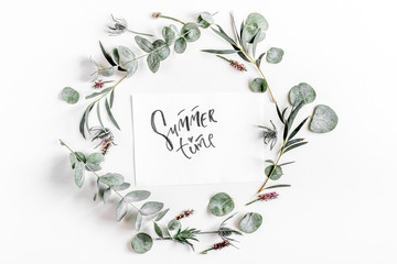 Modern spring design with plants on white background top view mock-up