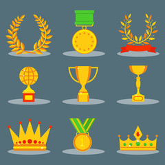 Vector trophy champion cup flat icon winner gold award and victory prize sport success best win golden leadership competition illustration.